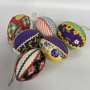 Vintage Easter Eggs Floral Fabric Ribbon Hand Made Set of 6 Ornaments